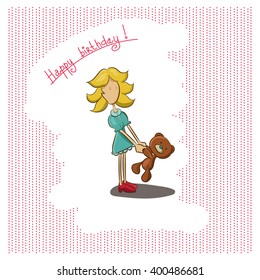 Colorful Happy Birthday card in a cartoon style. Little blondy girl dancing  with her bear. Separate layer with the words and background.