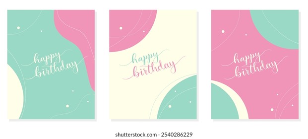 Colorful Happy Birthday cards with harmonious flowing design and hand lettering are perfect for celebrating special occasions.