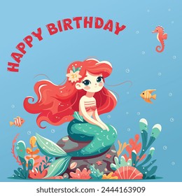 Colorful Happy birthday greeting card with cute and modest mermaid sitting on the stone with seaweed. Vector Illustration