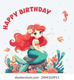 Colorful Happy birthday greeting card with cute and modest mermaid sitting on the stone with seaweed. Vector Illustration