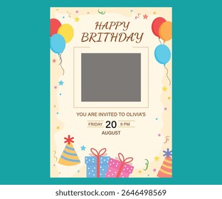 Colorful Happy Birthday Invitation Template with Photo Placeholder