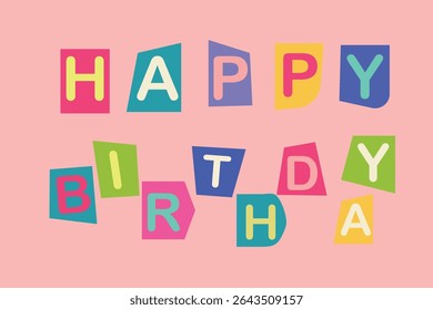 Cartas de aniversário felizes coloridas sobre fundo rosa em estilo de papel recortado divertido, design de celebração festiva