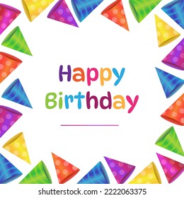 Colorful happy Birthday or Party background with Birthday Hats on white background. Top View wit Copy space.