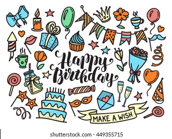 Colorful happy birthday party lettering and doodle set, vector illustration isolated on white background. Funny set of sketch birthday party objects