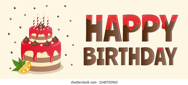 Colorful Happy Birthday poster design with cake. Greeting card, design template for birthday celebration. Vector illustration. 