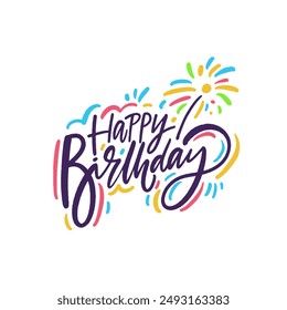 Colorful Happy Birthday text with fireworks on white background, great for cheerful party invitation or greeting card