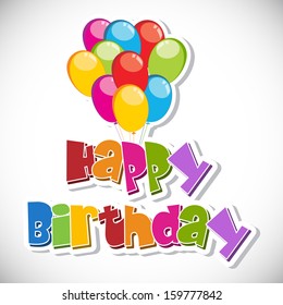 Colorful Happy birthday text with glossy balloons on grey background. 