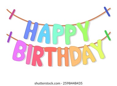 Colorful Happy Birthday Vector Garland Text with Multicolored Letters and Clips for Festive Party Decor, Greeting Cards, and Celebration Designs with Playful Style, Vector Design

