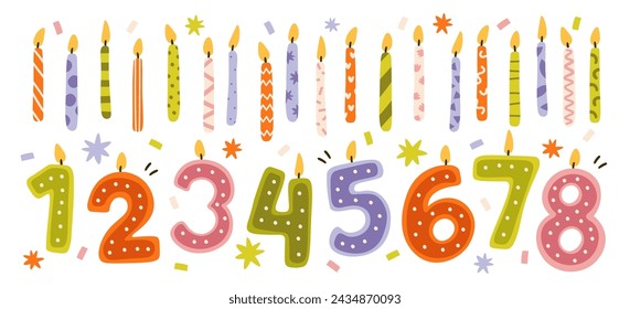 Colorful happy birthday wax candles and festive illuminated numbers with burning flames for dessert and cakes set vector illustration. Candlestick for anniversary and jubilee celebration holiday event svg