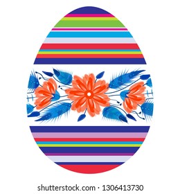 Colorful Happy Bunny Easter Egg Template. For greeting Egg Hunt card, with color stripes and floral ornament in folk style.