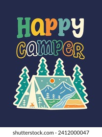 Colorful happy camper with nature mountain in the inside tent shape illustration