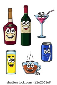 Colorful happy cartoon beverage characters with a bottle of liquor, wine, martini, fruit juice, coffee and a soda can isolated on white