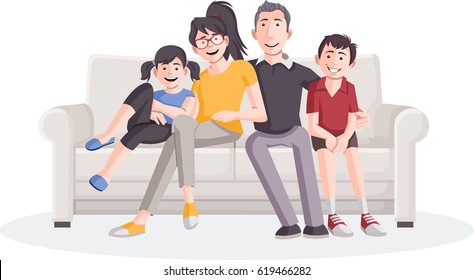 Colorful happy cartoon family on sofa.

