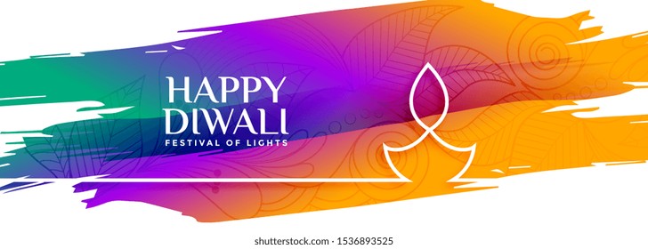 colorful happy diwali watercolor banner with line diya design