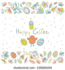 Colorful Happy Easter background with eggs, flowers, chickens, cute insects in pastel colors. Useful for posters, greeting cards. Hand-drawn vector Illustration