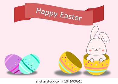 Colorful Happy Easter  background , greeting card with rabbit , bunny and text