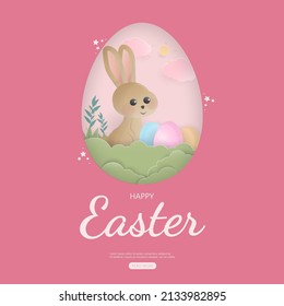 Colorful Happy Easter banner with cute rabbit and Easter egg in paper cut style, pink background. Vector illustration