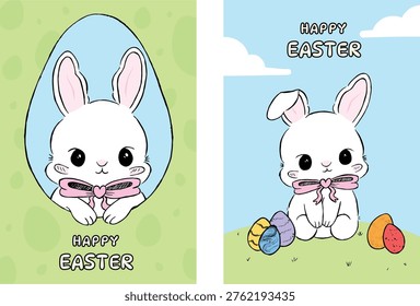 Colorful Happy Easter banner, poster kit, cards, signs. Cute handmade Easter bunny design with bow and decorated eggs. Seasonal illustration print. Easter art design