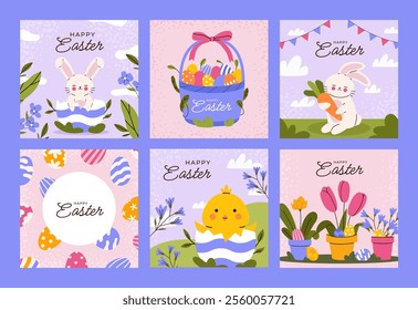 Colorful Happy Easter banner set. Greeting cards, posters, holiday covers. Trendy design with typography, eggs, cute bunnies and chick, flowers and plants.