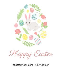 Colorful Happy Easter card with egg from cute elements: bunny, branches, flowers. Vector illustration.