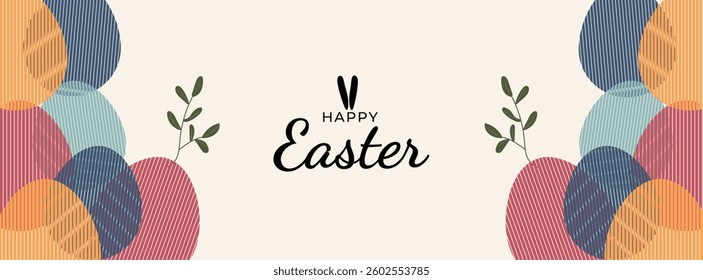 Colorful Happy Easter card with easter eggs garland and rabbit. Simple vector decoration with handwrite, spring flowers