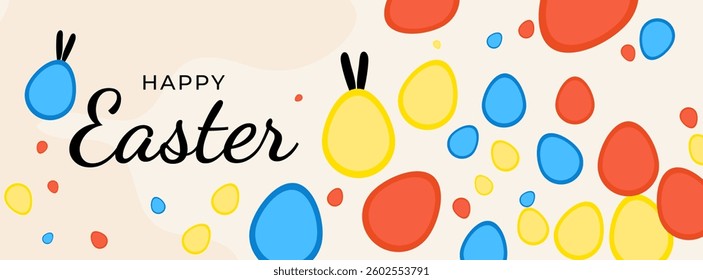 Colorful Happy Easter card with easter eggs garland and rabbit. Simple vector decoration with handwrite, spring flowers