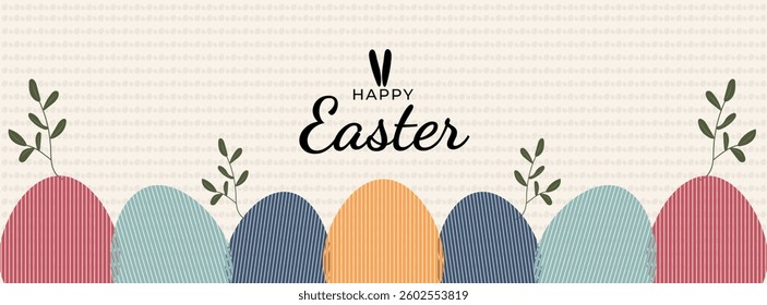 Colorful Happy Easter card with easter eggs garland and rabbit. Simple vector decoration with handwrite, spring flowers