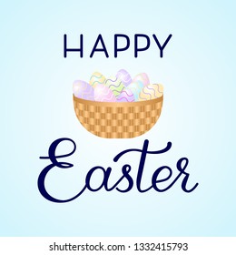 Colorful Happy Easter card with hand lettering and painted egg elements. Typographical background for greeting card, party invitation