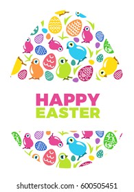 Colorful happy Easter celebration. Texture with rainbow chickens, eggs and the grass in the shape of big egg. Vector illustration for greetings cards with place for text on white background.