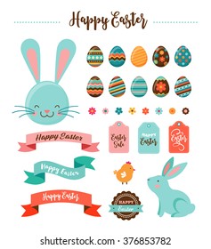 Colorful Happy Easter collection of icons with rabbit, bunny, eggs and banners