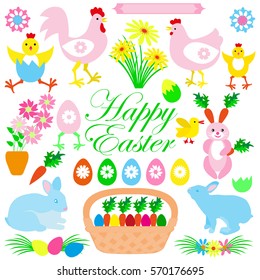 Colorful Happy Easter collection of icons with rabbit, bunny, eggs, chicks, cockerel, flowers