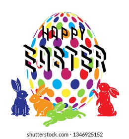 Colorful happy Easter with cute bunny and Easter egg vector drawing. Vector illustration.