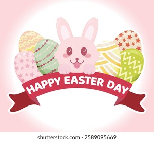 Colorful happy easter eggs and bunny