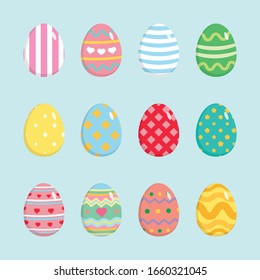 Colorful happy Easter eggs with deifernt texture set isolated on white background. Vector illustratrion.