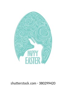 Colorful Happy Easter greeting background/ card with bunny and egg, decorative elements.
