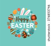 Colorful Happy Easter greeting card with rabbit, bunny and text