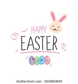 Colorful Happy Easter greeting card with rabbit, bunny, eggs