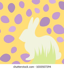 Colorful Happy Easter greeting card with rabbit, grass and eggs. Vector illustration. Flat style. Pastel colors.