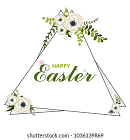 Colorful Happy Easter greeting card with floral wreath and text. Geometric print frame.  Easter background. Hand drawn vector illustration