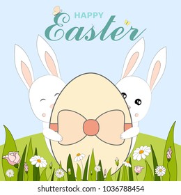 Colorful Happy Easter greeting card with Easter eggs, rabbit, bunny, flowers and text. Easter background. Hand drawn vector illustration