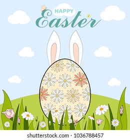 Colorful Happy Easter greeting card with Easter eggs, rabbit, bunny, flowers and text. Easter background. Hand drawn vector illustration
