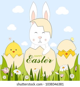 Colorful Happy Easter greeting card with rabbit, bunny, Easter eggs, little chickens and text. Easter background. Hand drawn vector illustration