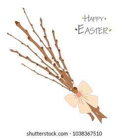 Colorful Happy Easter greeting card with willow branches and text. Easter background. Hand drawn vector illustration