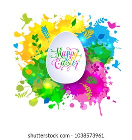 Colorful Happy Easter greeting card with spring elements composition. Colorful hand drawn blots.