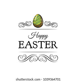 Colorful Happy Easter greeting card with Easter egg. Swirls, ornate frames. Vector illustration.