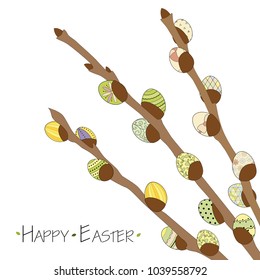 Colorful Happy Easter greeting card with willow branches and Easter eggs . Easter background. Hand drawn vector illustration