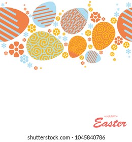 Colorful Happy Easter greeting card with flowers eggs and rabbit elements composition. Floral wreath