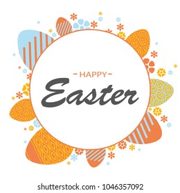 Colorful Happy Easter greeting card with flowers eggs and rabbit elements composition. Floral wreath
