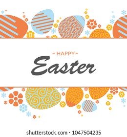 Colorful Happy Easter greeting card with flowers eggs and rabbit elements composition. Floral wreath