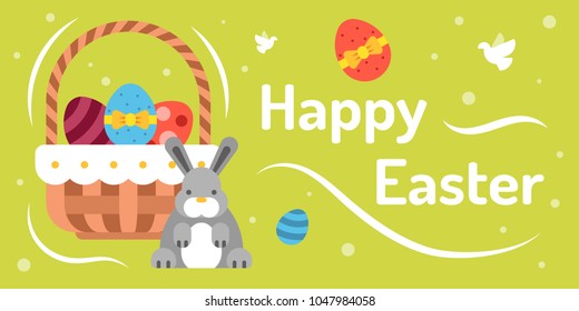 Colorful happy easter greeting card with rabbit bunny, basket and eggs